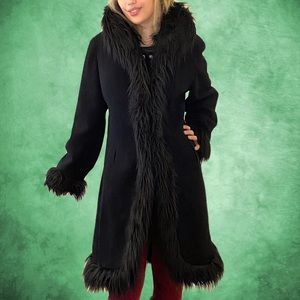 Black Faux Fur Penny Lane Style Wool Jacket Size XL Esprit